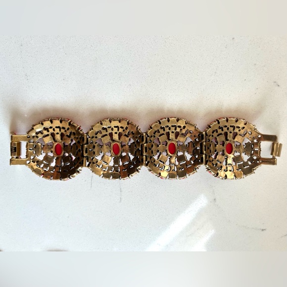 Stella&Dot Sardinia Deep Coral Panel Link Bracelet w/Antiqued Gold Plated Brass - Picture 3 of 4